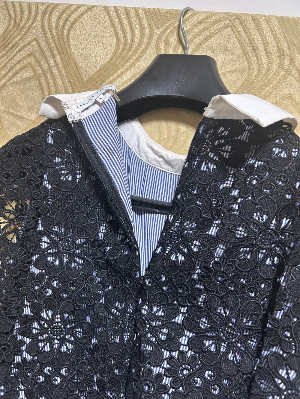 Women’s Striped Button-Down Shirt with Black Lace Bib Collar - Picture 4 of 6